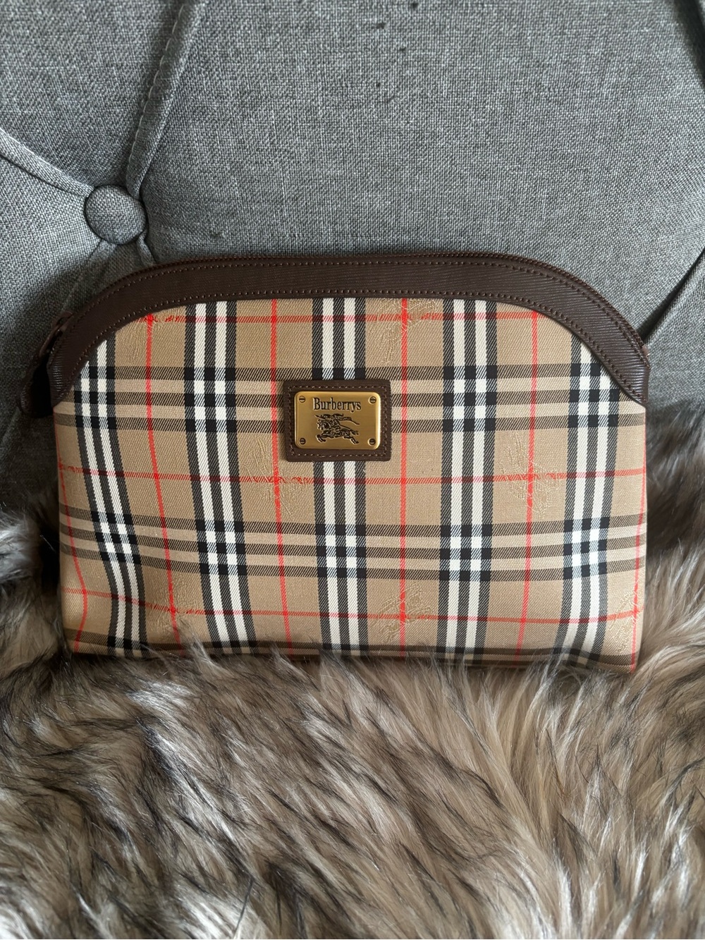 Vintage Burberry Beige Check Cosmetic Pouch with Brown Trim